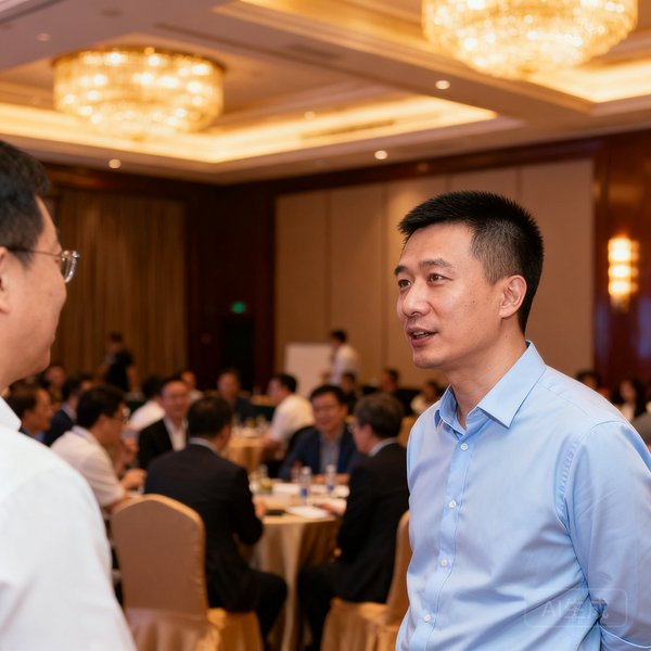 运营副总裁王志恒，三十五岁，留着清爽的短发，穿着浅蓝色衬衫，正在一场沙龙活动现场与嘉宾交流，背景是布置典雅的会场和交谈中的企业家群体。